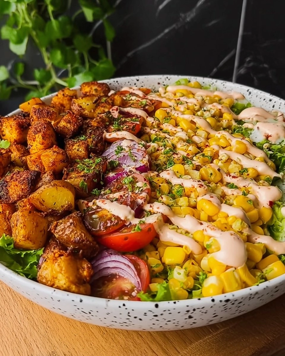 Kartoffel Hähnchen Bowl mit Mais Salat