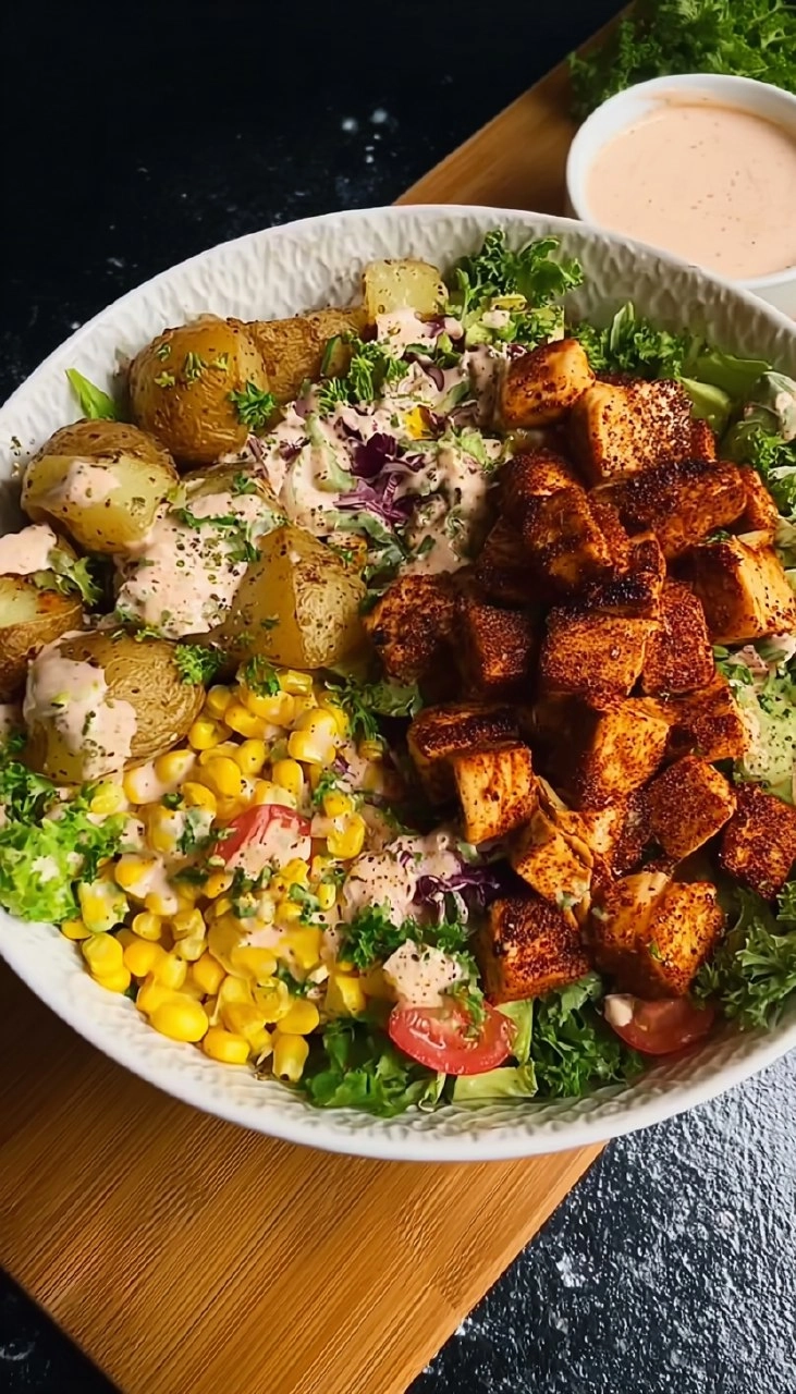 Kartoffel Hähnchen Bowl mit Mais Salat