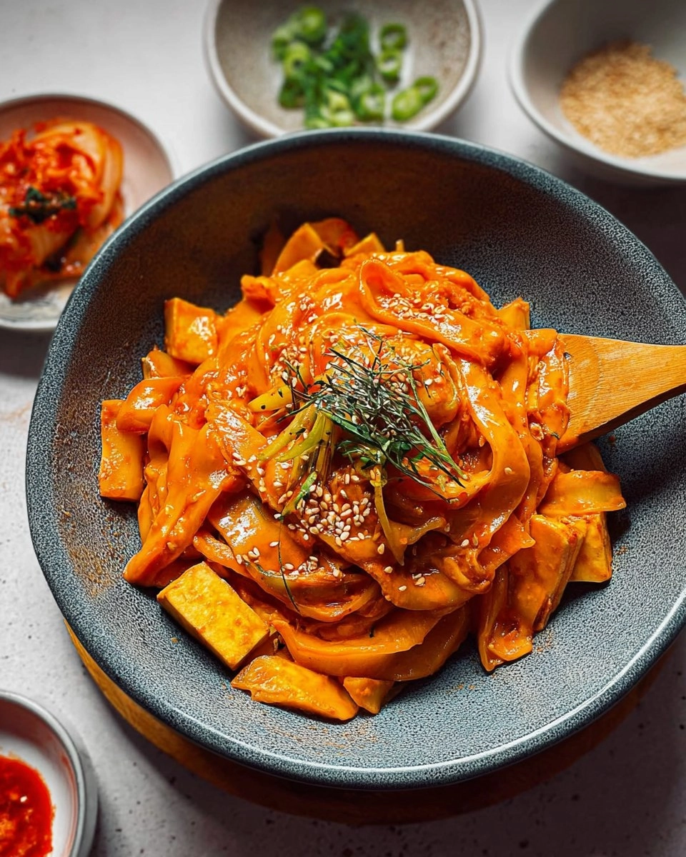 Tofu-Scherennudeln mit Kimchi-Sahnesauce