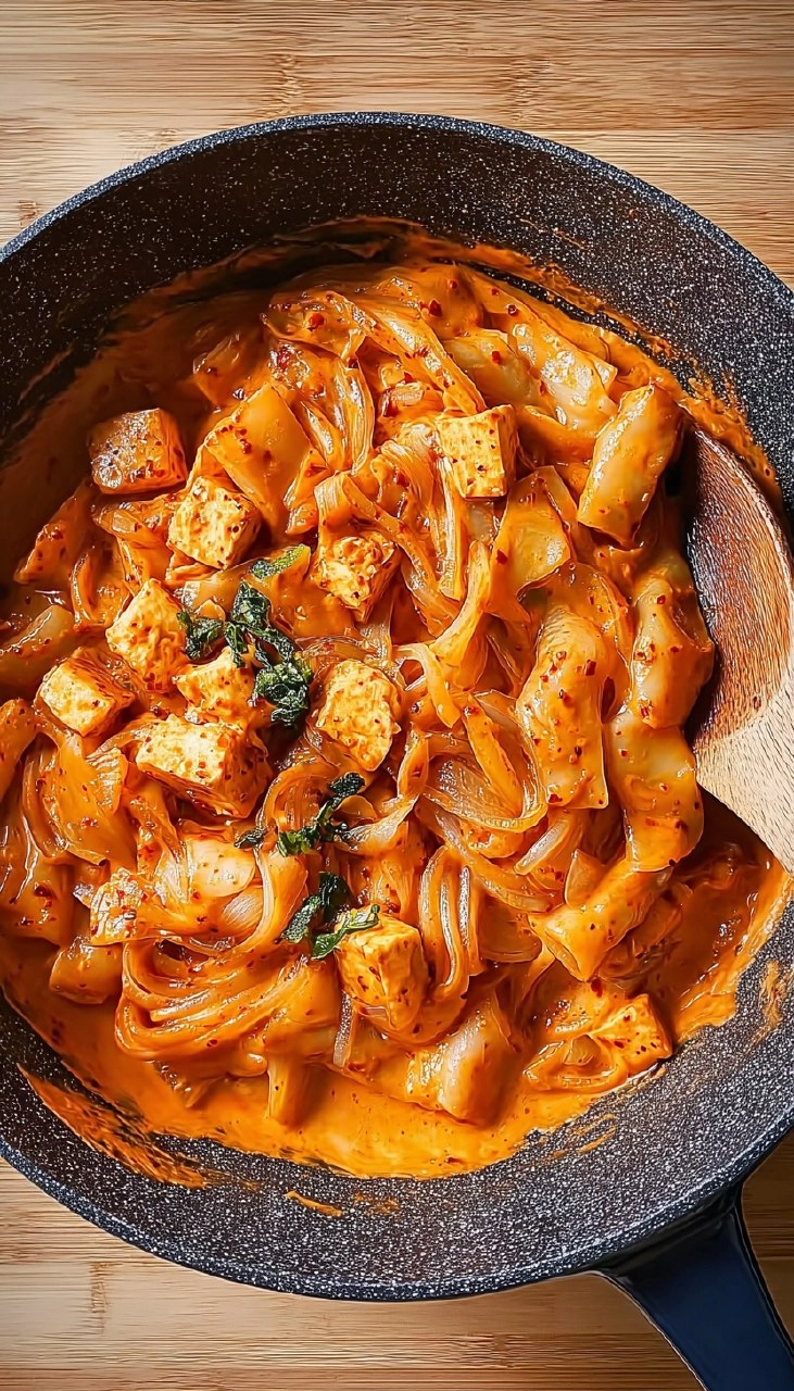 Tofu-Scherennudeln mit Kimchi-Sahnesauce