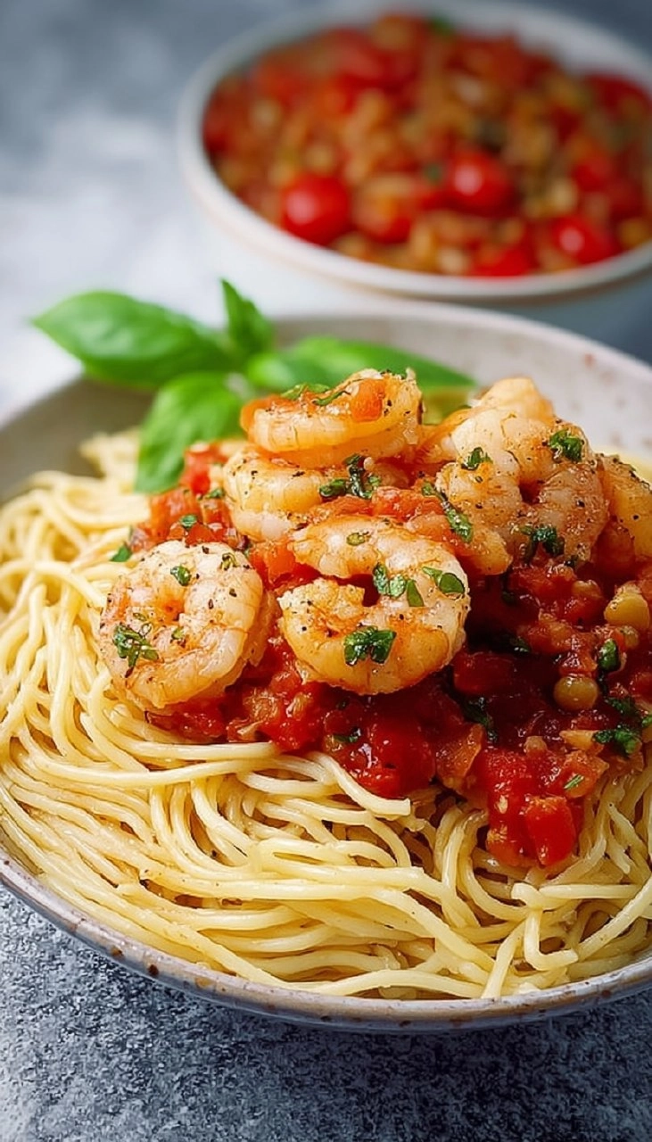 Knoblauch-Garnelen auf Spaghetti mit Tomatensauce