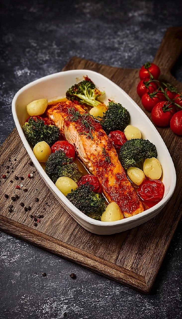 Lachs aus dem Airfryer mit Gnocchi, Brokkoli und Tomaten